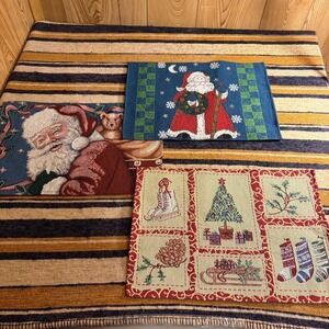 Vintage Christmas Tapestry Placemats Set of 3 Santa Claus Tree Stockings Woven